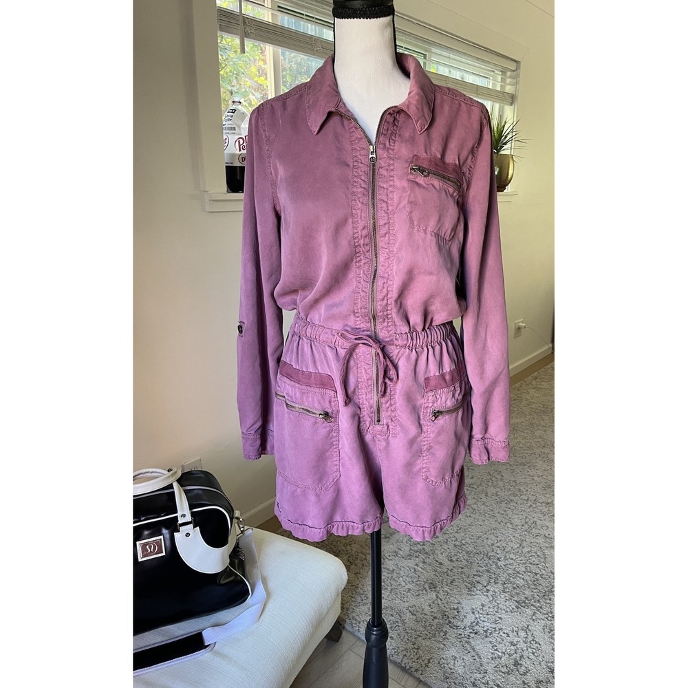 Anthropologie Romper Womens Sz Small Purple Plum Utility Pockets Zip 💜Modified